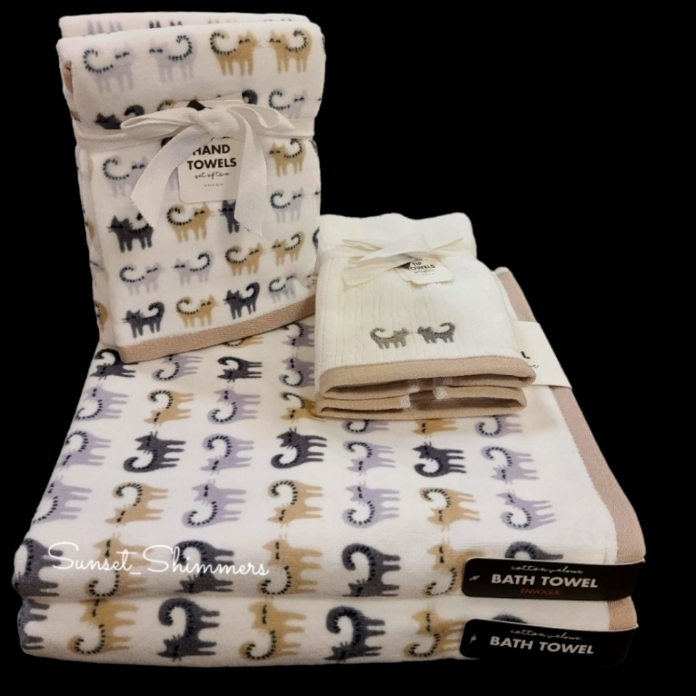 6pc Envouge CAT Bath Hand Tip Towel Set 100% Cotton Tan Black Gray NEW